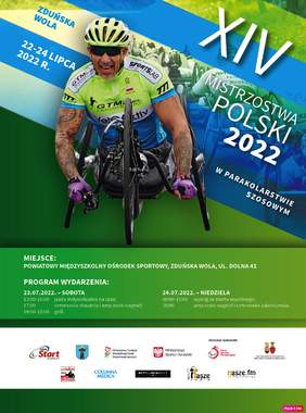 Pokaż zdjęcie: plakat w kolorze tła niebiesko zielonym. Na plakacie zawodnik z rowerem trzykołowym dla osób niepełnosprawnych ubrany jest w kask , trzyma kierownicę. na dole zamieszczono pełną informację o imprezie która jest w tekcie informacji oraz po niżej 