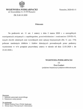 skan polecenia wojewody podkarpackiego, str 1, jego treść zawarto w treści komunikatu