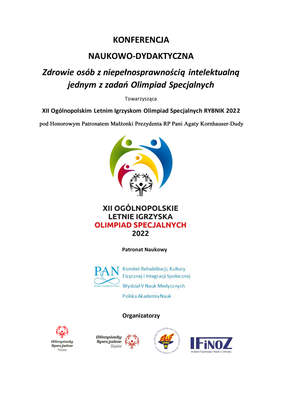 Pokaż zdjęcie: Plakat. Na białym tle napis konferencja naukowo-dydaktyczna, logo igrzysk olimpiad specjalnych oraz organizatorów wydarzenia