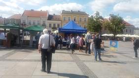 Pokaż zdjęcie: Drugie plenerowe targi pracy na kieleckim Rynku – na zdjęciu namioty wystawców oraz osoby poszukujące pracy