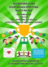 Plakat promujący wydarzenie. Na zielonym tle z promienistym wzorem znajduje się duży złoty puchar na podium z numerem 1. Po obu stronach pucharu stoją uśmiechnięte dzieci trzymające kolorowe balony. W górnej części plakatu umieszczono informacje o wydarzeniu. Na dole znajdują się logotypy organizatora, Szkoły Podstawowej nr 3 w Giżycku oraz Miasta Giżycko.