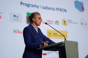 Pokaż zdjęcie: Przy mównicy stoi kobieta blondynka w niebieskim garniturze, uczesana w kucyka. W tle slajd z prezentacji.