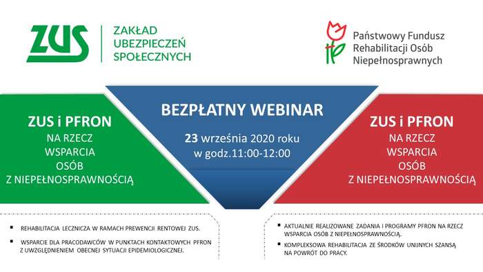 Pokaż zdjęcie: Grafika promująca webinarium pn. „ZUS i PFRON na rzecz wsparcia osób z niepełnosprawnością”