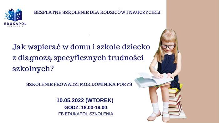 Pokaż zdjęcie: Po prawej stronie, na szarym tle widnieje zdjęcie dziewczynki siedzącej na stosie książek i trzymającej na kolanach kalendarz książkowy, w którym zapisuje aktualnie notatki. Na górze umieszczony został logotyp organizatora szkolenia oraz następujące sformułowanie: „Bezpłatne szkolenie dla rodziców i nauczycieli”. Poniżej zamieszczone zostały pozostałe informacje na temat szkolenia, które można znaleźć w treści niniejszej publikacji.
