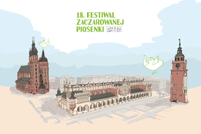 Pokaż zdjęcie: Na jasnym tle widoczny jest rysunek krakowskiego Rynku Głównego: po lewej Kościół Mariacki, pośrodku Sukiennice, a po prawej Wieża Ratuszowa. Nad budynkami unoszą się dwie stylizowane, zielone gołębice. Tytuł festiwalu zapisany jest u góry zielonymi literami.