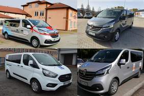 Pokaż zdjęcie: Cztery busy z bocznego profilu, jeden biały, trzy w odcieniach szarości.