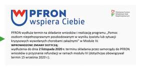 Pokaż zdjęcie: Grafika informująca o wydłużeniu terminu na składanie wniosków w ramach Modułu IV programu pn. „Pomoc osobom niepełnosprawnym poszkodowanym w wyniku żywiołu lub sytuacji kryzysowych wywołanych chorobami zakaźnymi”
