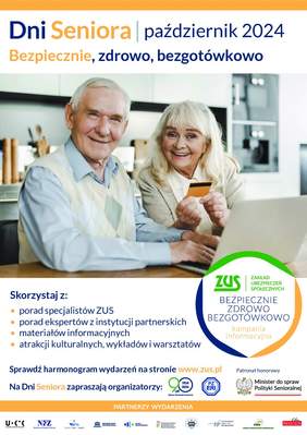 Pokaż zdjęcie: Uśmiechnięci kobieta i mężczyzna w starszym wieku siedzą przy biurku, na którym stoi laptop. Naokoło zdjęcia widnieją informacje dotyczące Dni Seniora, w tym także logotypy organizatorów oraz partnerów wydarzenia.