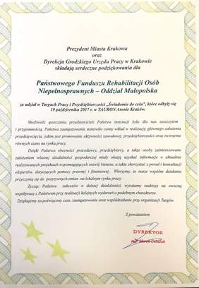 Pokaż zdjęcie: Dyplom dla Oddziału PFRON za udział w Targach Pracy