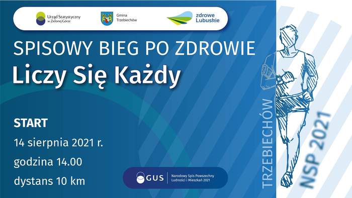 Pokaż zdjęcie: Grafika promująca Spisowy Bieg po Zdrowie "Liczy się każdy" w Trzebiechowie w koloerze niebiskim z najważniejszymi informacjiami dot. Biegu