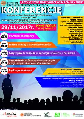 Plakat - Zaproszenie dla pracodawców na konferencję 29 listopada w Chorzowie