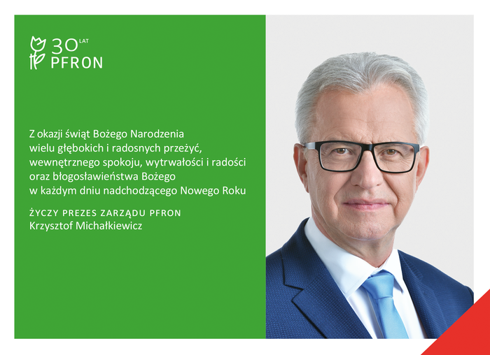 Pokaż zdjęcie: Grafika ze zdjęciem mężczyzny - prezesa Funduszu oraz życzeniami