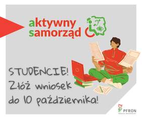 Pokaż zdjęcie: Grafika przedstawiająca studenta z dokumentami, obok napis Aktywny samorząd.