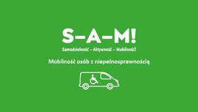 Grafika promująca program PFRON „Samodzielność – Aktywność – Mobilność!”. Na zielonym tle widoczne logo S-A-M!, napis „Mobilność osób z niepełnosprawnością” oraz ikonka samochodu z symbolem osoby na wózku.