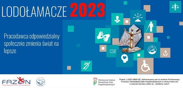 Pokaż zdjęcie: Grafika promująca konkurs, w kolorze niebienskim, z napisami białymi, też czerownymi, stauetka na pierwszym planie, loga sponsorów, w tym PFRON