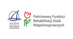Grafika przedstawiająca logotypy Mazurskiej Szkoły Żeglarstwa oraz Państwowego Funduszu Rehabilitacji Osób Niepełnosprawnych (PFRON) na jasnym tle.