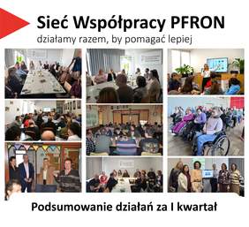 Pokaż zdjęcie: Slajd prezentacji na czarnym tle z białą planszą pośrodku, zatytułowany „Sieć Współpracy PFRON”. Pod tytułem jest hasło „działamy razem, by pomagać lepiej”. Na planszy znajduje się kolaż dziewięciu zdjęć z różnych spotkań. Na dole slajdu jest napis: „Podsumowanie działań za I kwartał”.