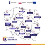 Grafika przedstawia mapę Polski z zaznaczonymi miastami, w których działają Regionalne Centra Komunikacji dla Osób z Niepełnosprawnościami. Na obszarze całego kraju oznaczono po jednym centrum w każdym województwie, co pokazuje ich równomierne rozmieszczenie.