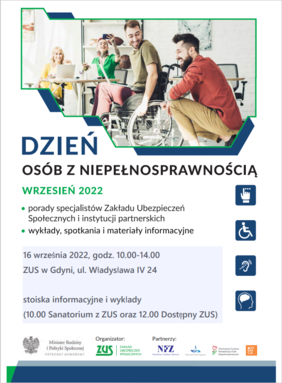 Pokaż zdjęcie: Mężczyzna kuca obok mężczyzny siedzącego na wózku, który ma na nogach laptopa. Przy biurku obok siedzą dwie kobiety przed nimi leżą laptopy. Wszyscy się uśmiechają ja by właśnie dostali podwyżki. Pod spodem napis Dzień osób z niepełnosp