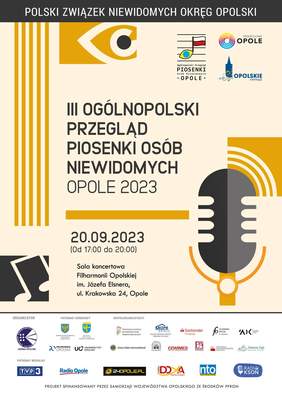 Plakat promujący III Ogólnopolski Przegląd Piosenki Osób Niewidomych Opole 2023; Na plakacie grafika przedstawiająca mikrofon opleciony dłońmi; informacje dot. terminu i miejsca opisano w treści komunikatu