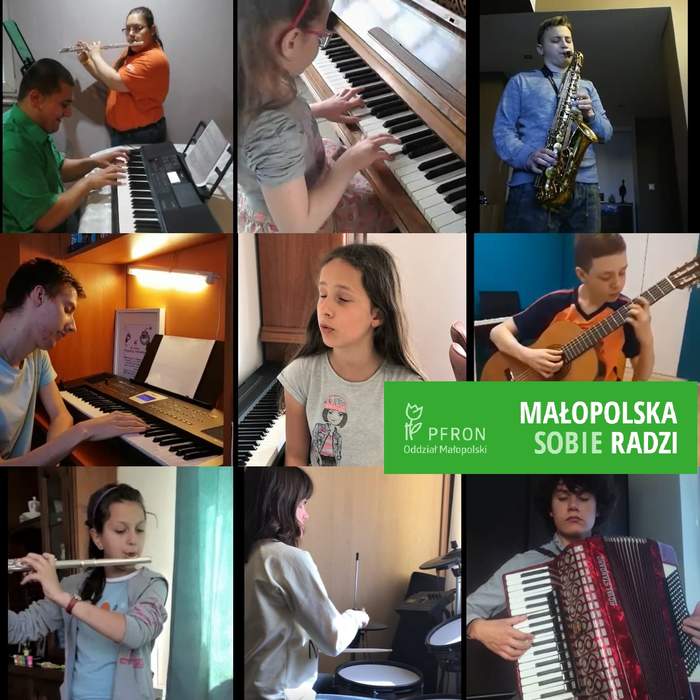 Pokaż zdjęcie: Kolaż zdjęć uczniów Szkoły Muzycznej grających na różnych instrumentach