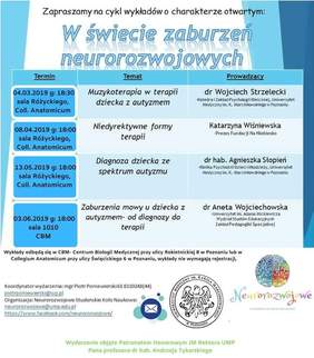 Pokaż zdjęcie: Plakat promujący wykłady otwarte na Uniwersytecie Medycznym w Poznaniu nt. wsparcia osób z zaburzeniami neurorozwojowymi 