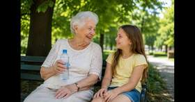 Na ławce siedzi starsza pani i mała dziewczynka. Uśmiechają się do siebie. Kobieta trzyma w dłoniach butelkę z wodą. Siedzą w cieniu, a na dworze jest bardzo słonecznie. 