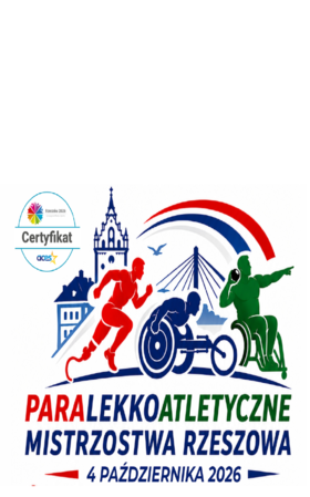 Grafika z napisem paralekkoatletyczne mistrzostwa Rzeszowa 4 października 2026, nad napisem zarys ratusza i wiszącego mostu, pośrodku 3 sylwetki sportowców, biegnący mający protezę, jadący na trójkołowym wózku i siedzący na wózku rzucający kulą.