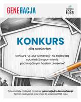 Duży napis „KONKURS dla seniorów” oraz ilustracją starych fotografii i długopis