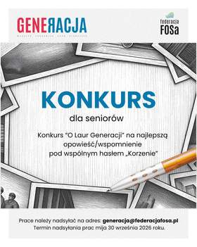 Duży napis „KONKURS dla seniorów” oraz ilustracją starych fotografii i długopis