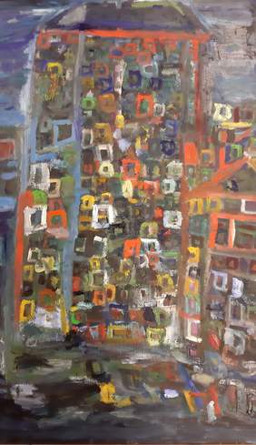 Pokaż zdjęcie: Przeważającą całość tła zajmuje duży budynek, po lewej namalowany mniejszy. Oba zbudowane z małych, czerwonych, żółtych, białych, niebieskich nierównych, kwadratów. 