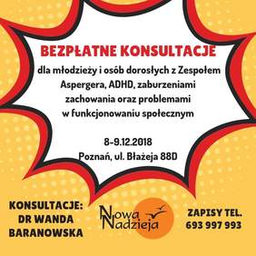 Pokaż zdjęcie: Plakat promujący bezpłatne konsultacje dla osób z Zespołem Aspergera