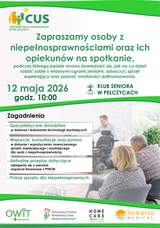 Plakat informacyjny: Spotkanie dla osób z niepełnosprawnościami i opiekunów  Treść główna: Centrum Usług Społecznych w Pełczycach zaprasza na spotkanie dotyczące radzenia sobie z ograniczeniami, prezentacji sprzętu wspierającego oraz dofinansowań.  Kiedy: 12 maja 2026 r., godz. 10:00.  Gdzie: Klub Seniora w Pełczycach.  Tematyka:  Doradztwo i testowanie technologii asystujących.  Wsparcie w doborze i wypożyczaniu sprzętu.  Finansowanie z PFRON i pokaz nowoczesnego sprzętu.  Grafika: Zdjęcie przedstawia prezentację wózka elektrycznego. W stopce widnieją logotypy organizatorów i partnerów: OWiT Szczecin, PFRON, Home Care oraz Sunrise Medical.