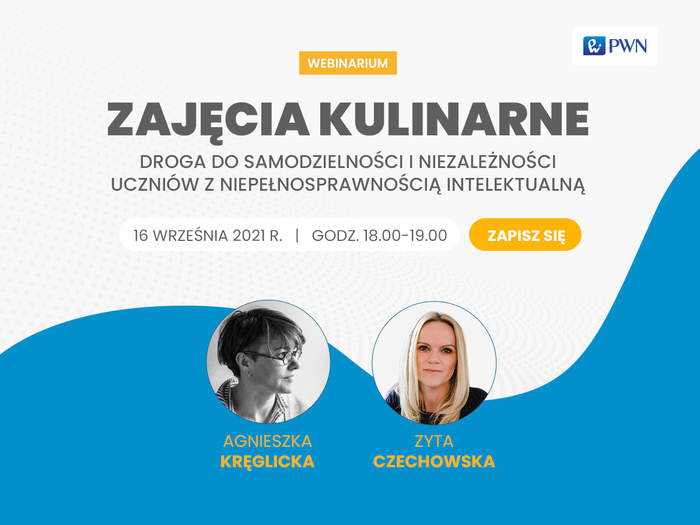 Pokaż zdjęcie: W prawym, górnym rogu umieszczony został logotyp Wydawnictwa Szkolnego PWN z charakterystyczną literą „W” na niebieskim tle oraz sformułowaniem: „PWN” w kolorze granatowym. Poniżej na białym tle nasyconym szarymi kropkami zamieszczony zosta