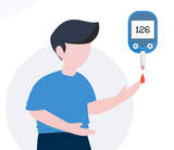 Infografika przedstawiająca osobę, która mierzy sobie cukier glukometrem.