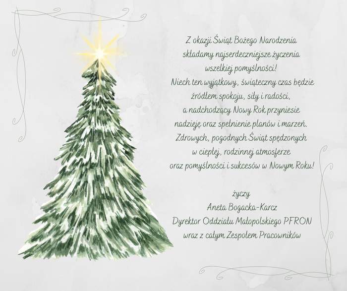 Pokaż zdjęcie: Kartka świąteczna w jasnych, akwarelowych barwach. Po lewej stronie znajduje się malowana choinka z jasno świecącą gwiazdą na czubku. Po prawej stronie umieszczony jest tekst życzeń zapisany elegancką, zieloną czcionką. Kartkę zdobią delikatne, ornamentalne zawijasy w narożnikach.