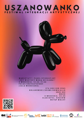 Pokaż zdjęcie: Różowo-fioletowe tło. Na środku czarny pies wykonany z balona. Nad psem czarne napisy z nazwą festiwalu. Na dole logotypy partnerów