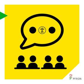 Pokaż zdjęcie: Na grafice z żółtym tłem umieszczone są czarne ikonki czwórki ludzi. Na nimi znajduje się ikona wypowiedzi. 