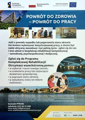 Pokaż zdjęcie: Plakat promujący wdrożenie modelu kompleksowej rehabilitacji umożliwiającej podjęcie lub powrót do pracy
