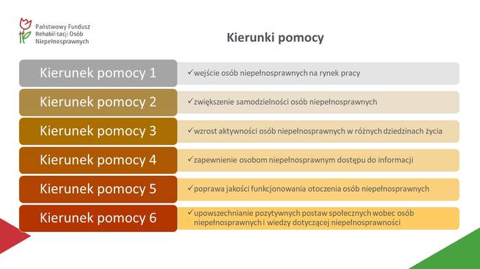 Pokaż zdjęcie: Grafika prezentująca kierunki pomocy w ramach projektów dofinansowanych ze środków PFRON, realizowanych przez organizacje pozarządowe