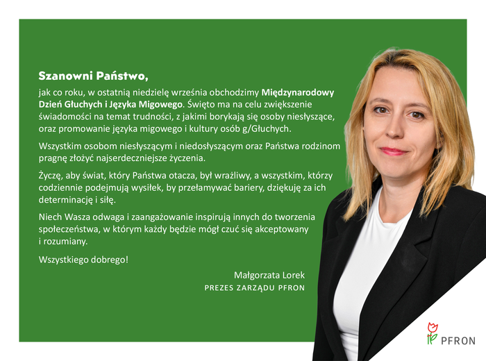 grafika z tekstem życzeń oraz zdjęciem Małgorzaty Lorek Prezes Zarządu PFRON, w lewym dolnym rogu logo PFRON