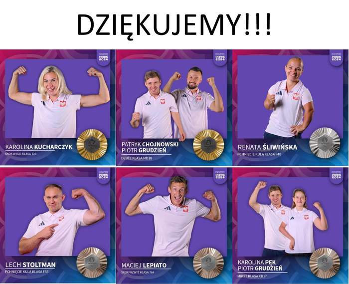 Pokaż zdjęcie: Kolaż 6 sylwetek lubuskich paralimpijczyków prezentaujacych medale, a na górze napis "Dziękujemy!!!"