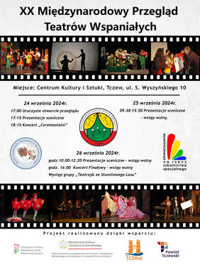 Pokaż zdjęcie: Na górze duży tytuł wydarzenia, pod nim na kliszy wstawki zdjęć z występu, miejsce wydarzenia, program w podziale na dni, loga instytucji wspierających.