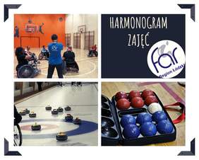 Pokaż zdjęcie: plakat promujący zajęcia sportowe dla osób niepełnosprawnych podzielony na cztery części w pierwszej hala sportowa w której  znajdują się osoby poruszające się na wózkach z tyłu stoi trener , w drugiej części napis harmonogram zajęć oraz 