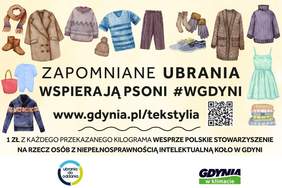 Pokaż zdjęcie: Do okoła ramki różnego rodzaju kolorowa odzież w środku napis zapomniane ubrania wspierają PSONI #wgdyni z informacją że z 1kg przekazane będzie 1 zł na PSONI. Pod nim logo ubrania do oddania i Gdynia w klimacie