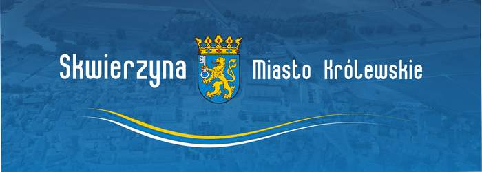 Pokaż zdjęcie: Napis "Skwierzyna. Miasto Królewskie" na niebieskim tle, w żółtym kolorze, obok herb Gminy