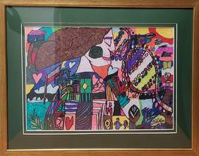 Pokaż zdjęcie: Obraz, kolorowy na którym widać różne geometryczne kształty, kobietę, spiralę, dom, serce, postacie, kamerę, globus, książkę