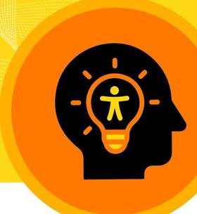 Na żółto-pomarańczowym tle widnieje informacja o wydarzeniu: 21 maja, godz. 10.00–14.00. Po prawej znajduje się symbol głowy z ikoną żarówki i postacią w środku, na dole logotypy PFRON i Ministerstwa Cyfryzacji.)