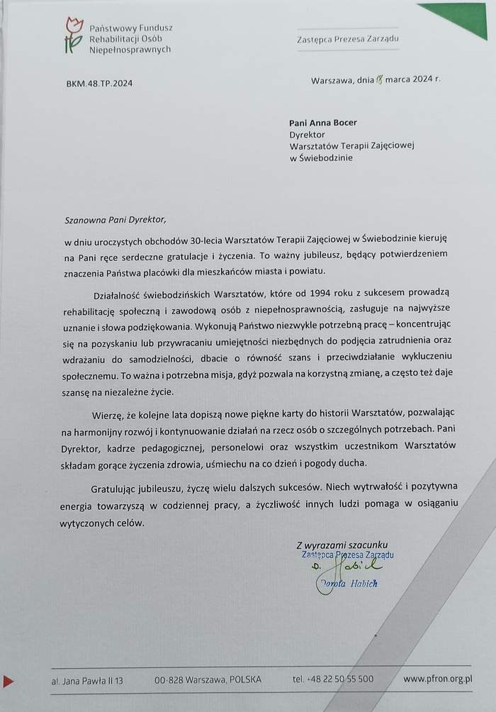 Pokaż zdjęcie: List Zastępcy Prezesa PFRON Doroty Habich z okazji 30-lecia WTZ w Świebodzinie