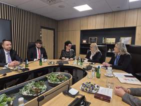 Pokaż zdjęcie: Grupa pięciu osób siedzi przy dużym, drewnianym stole w nowoczesnym biurze, prowadząc rozmowę. Na stole leżą dokumenty, butelki wody oraz talerz z cukierkami. W tle znajdują się drewniane półki z nagrodami i certyfikatami. Atmosfera jest profesjonalna.